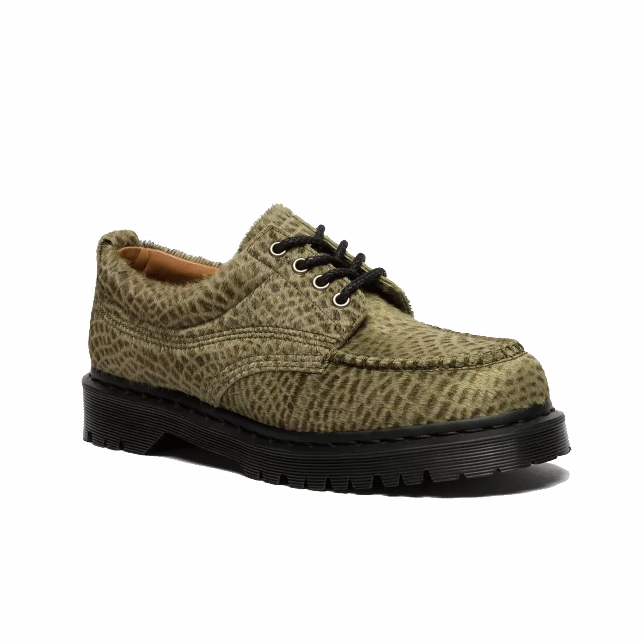 Dr. Martens Unisex Lowell Hair On Leather Moc Toe Shoes - Pebble Emboss (Olive Green) - Image 5