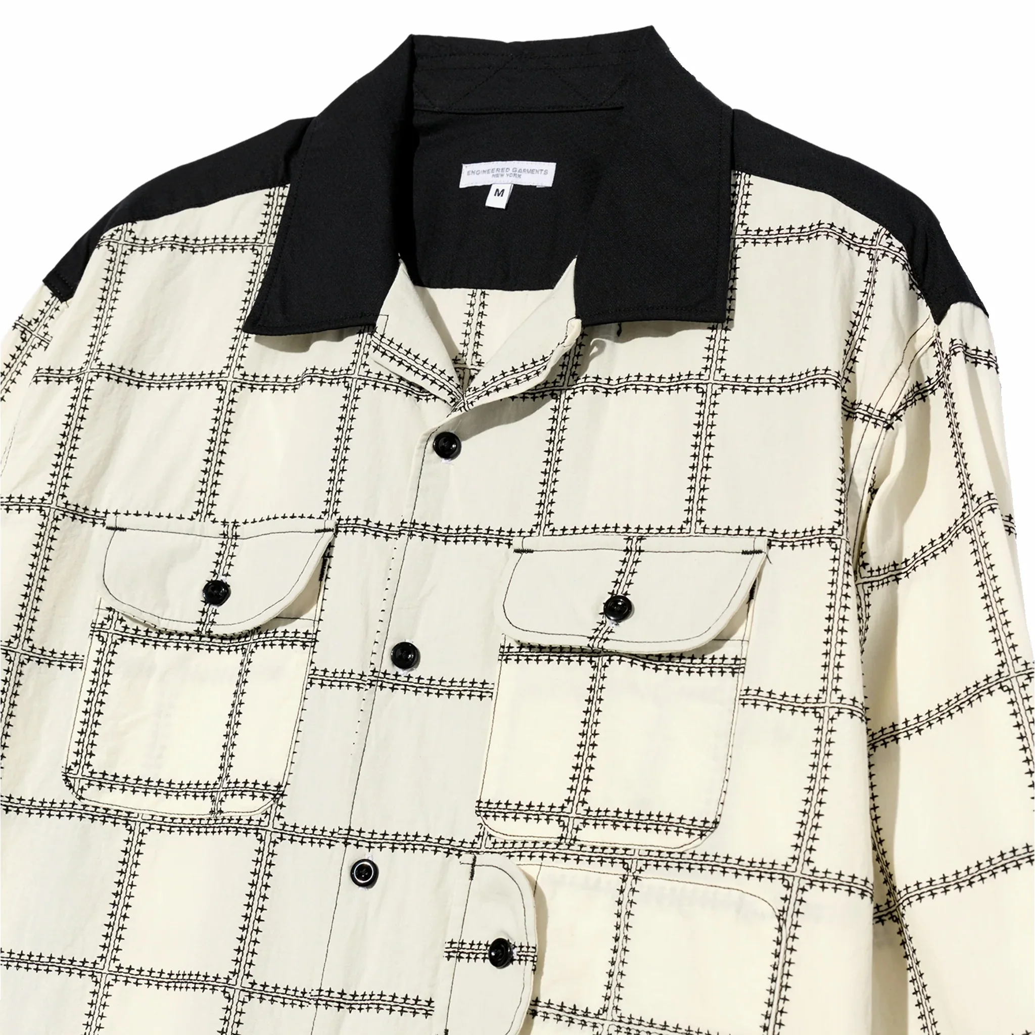 Engineered Garments Bowling Shirt - CP Square Embroidery (White/Black) - Image 3
