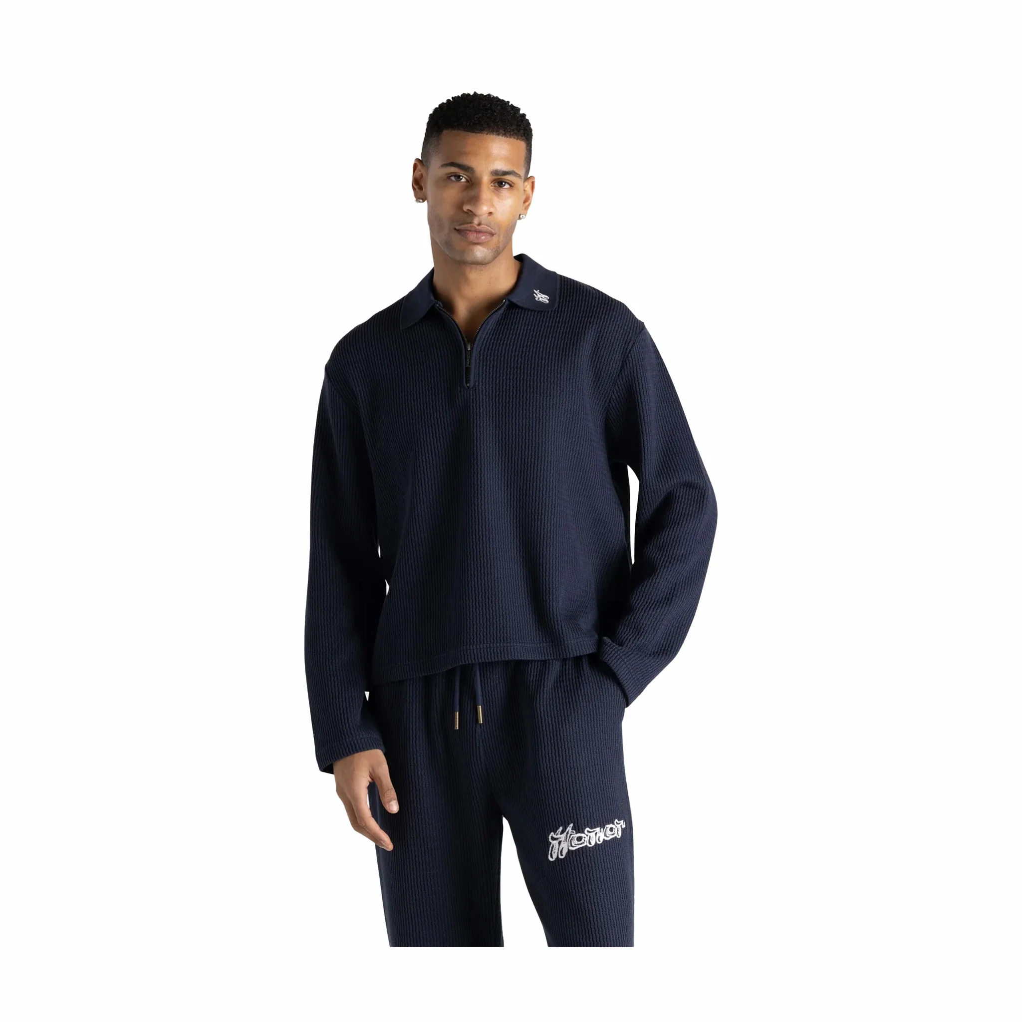Honor The Gift Wavy Knit Longsleeve Polo (Navy) - Image 4