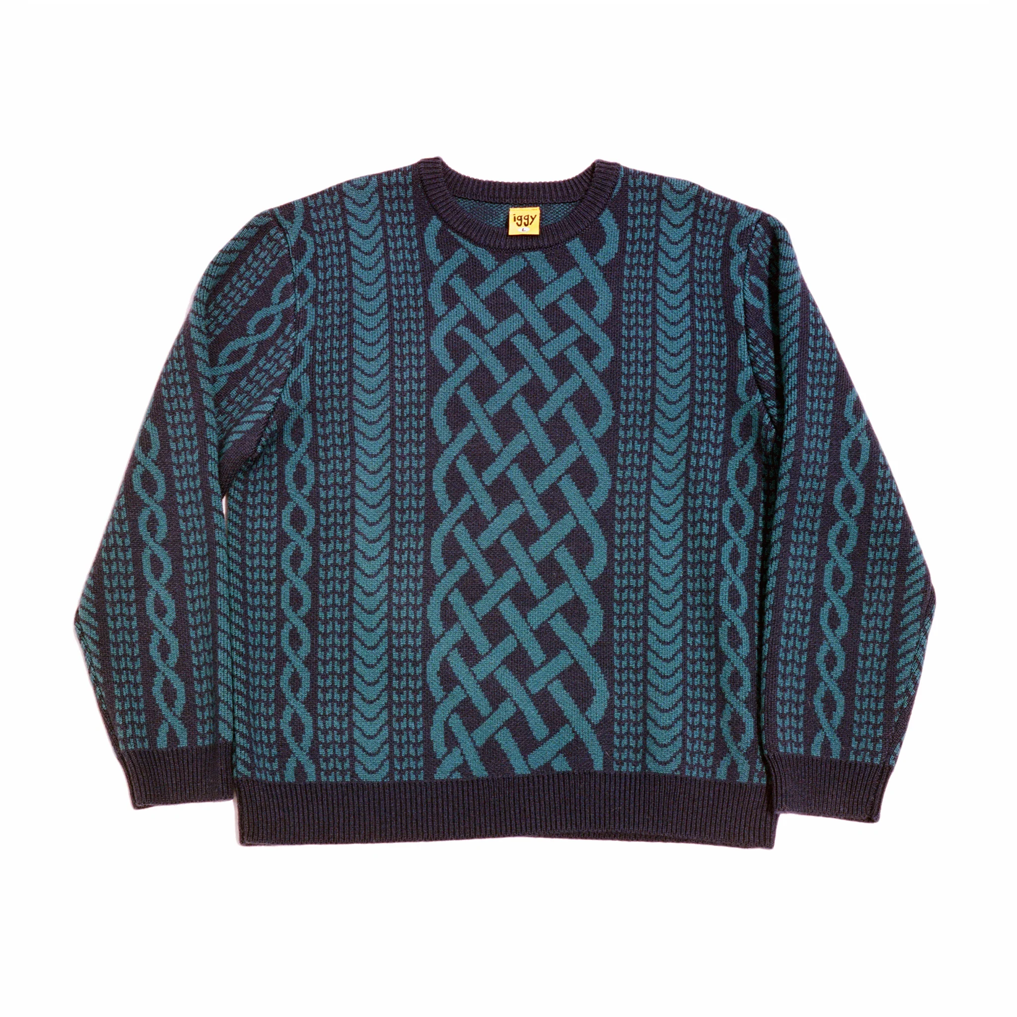 Iggy NYC Drawn Cable Knit Jacquard Sweater (Navy)