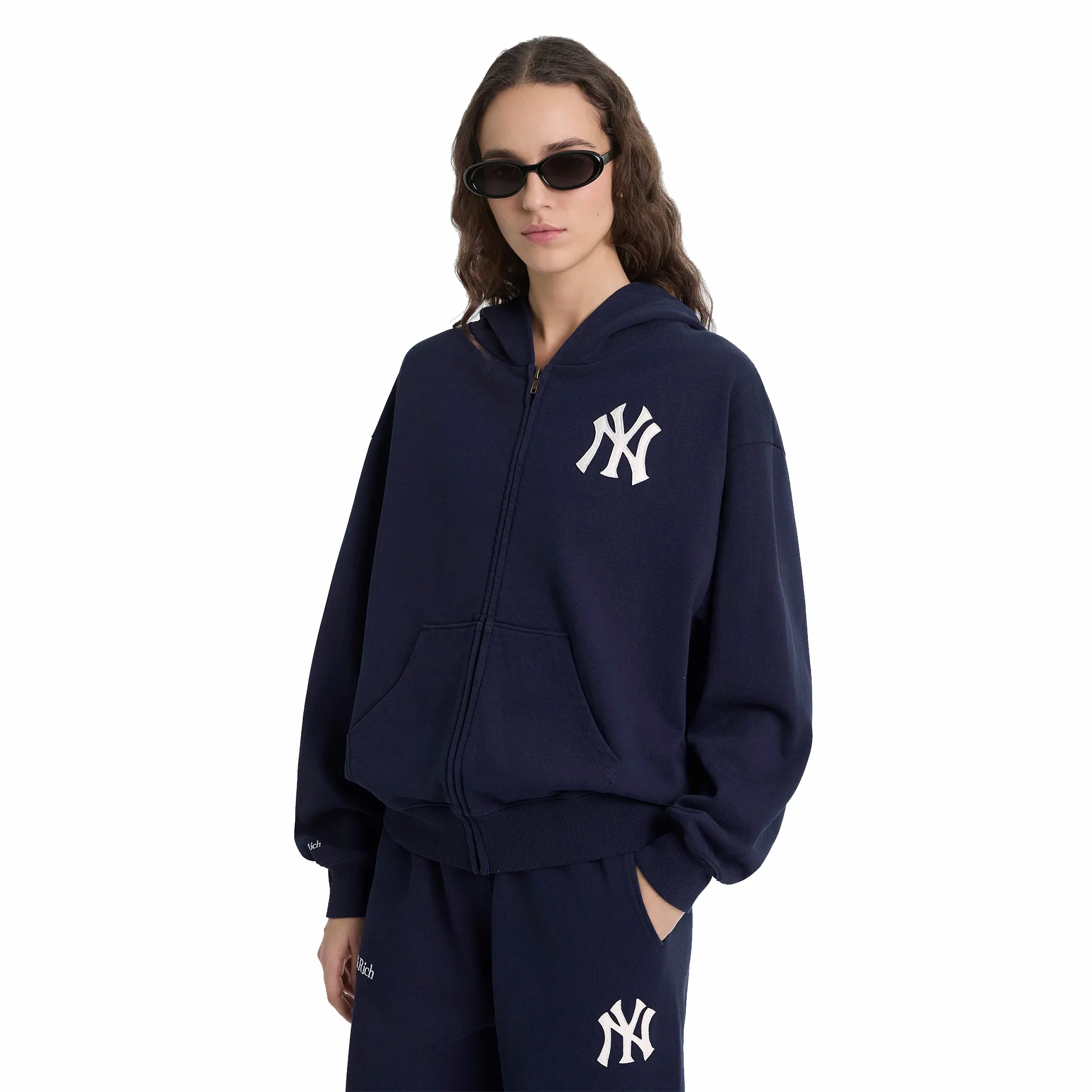 Sporty & Rich Men's Heritage Yankees Serif Zip Hoodie (Dark Navy/White) - Image 2