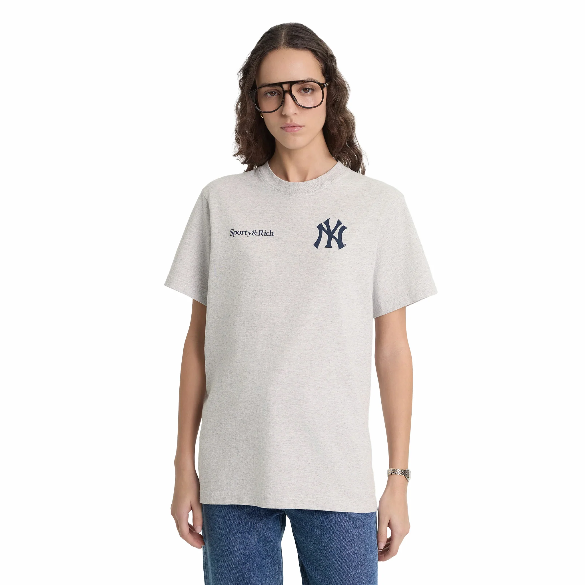 Sporty & Rich Men's Yankees Curve T-Shirt (Heather Grey/Navy) - Image 4