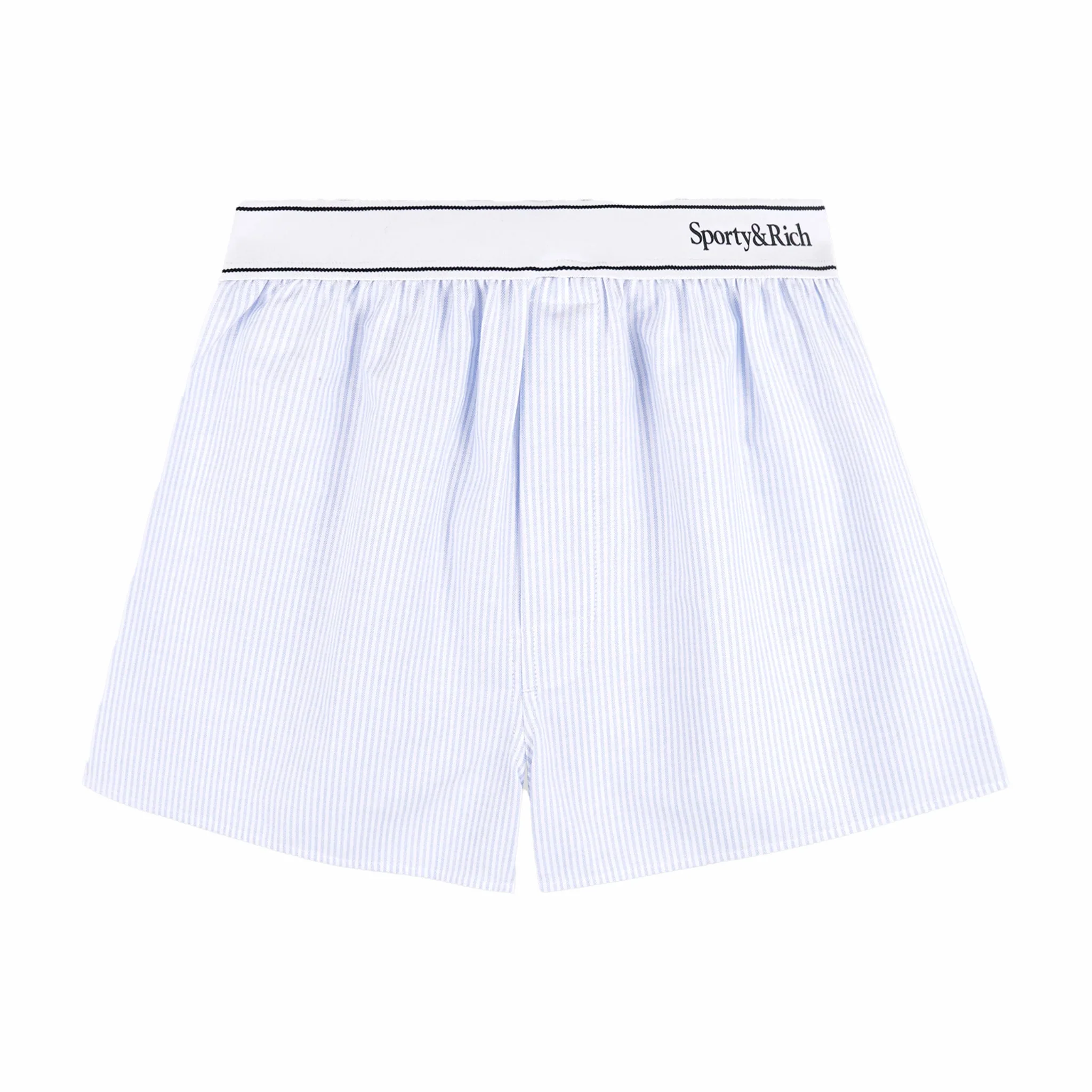 Sporty & Rich Women's Serif Logo Oxford Boxer (Blue/White Thin Stripe)