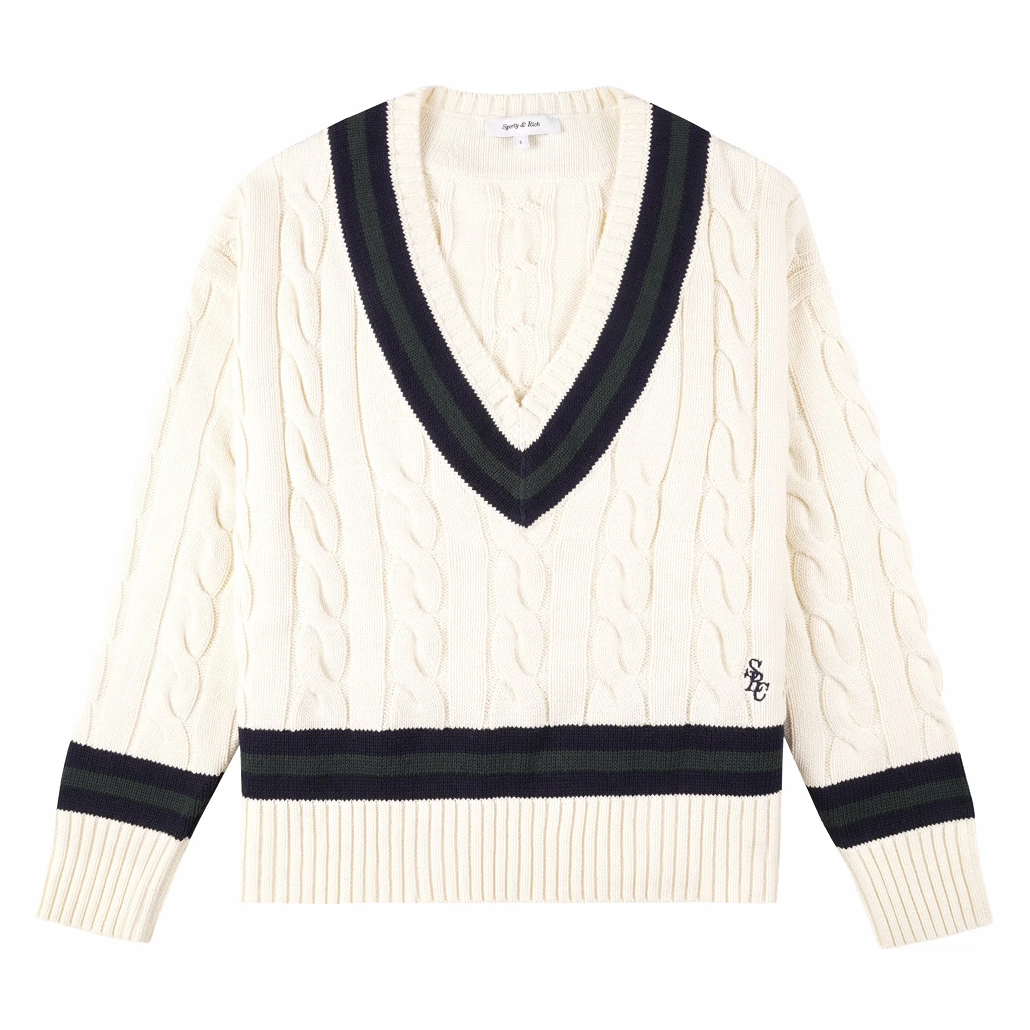Sporty & Rich Women's SRC Cableknit V-Neck Sweater (Ecru/Navy/Forest)