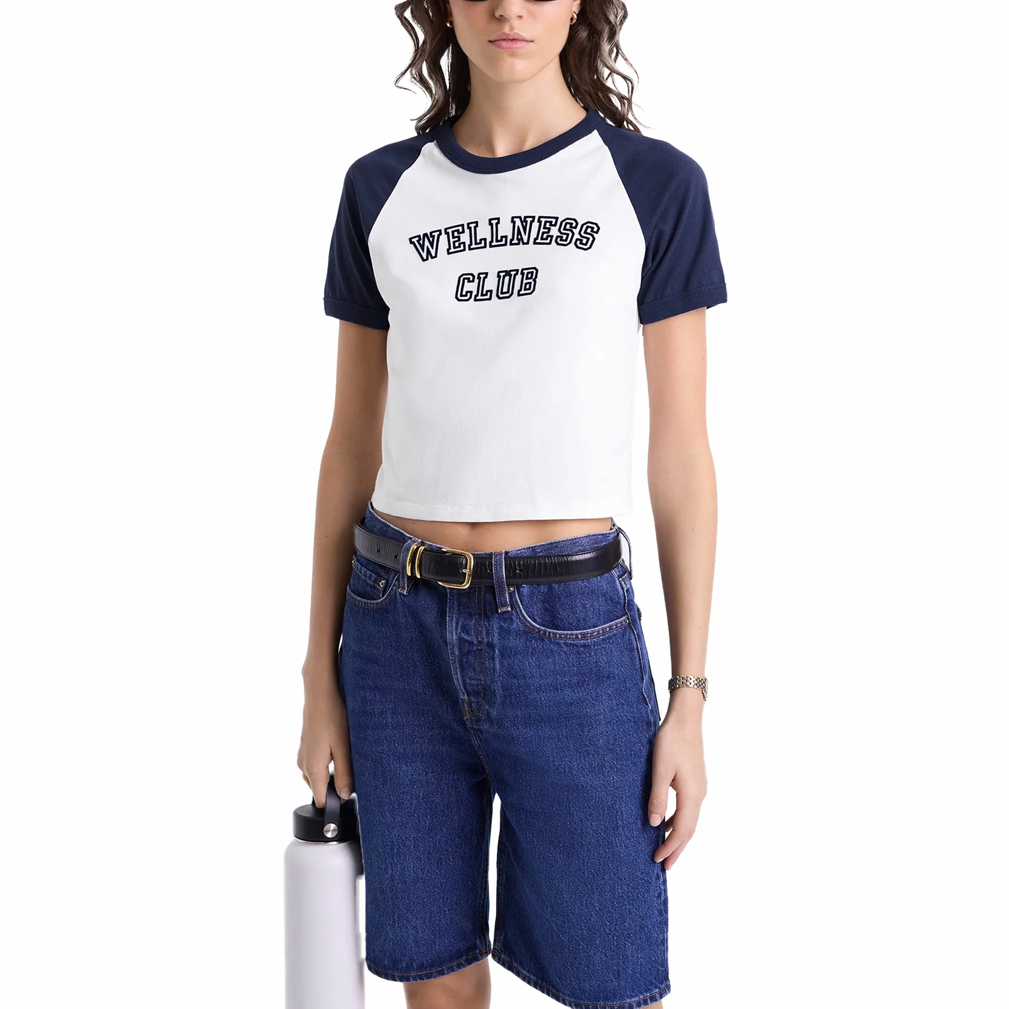 Sporty & Rich Women's Wellness Club Flocked Baby Tee (White/Navy) - Image 2