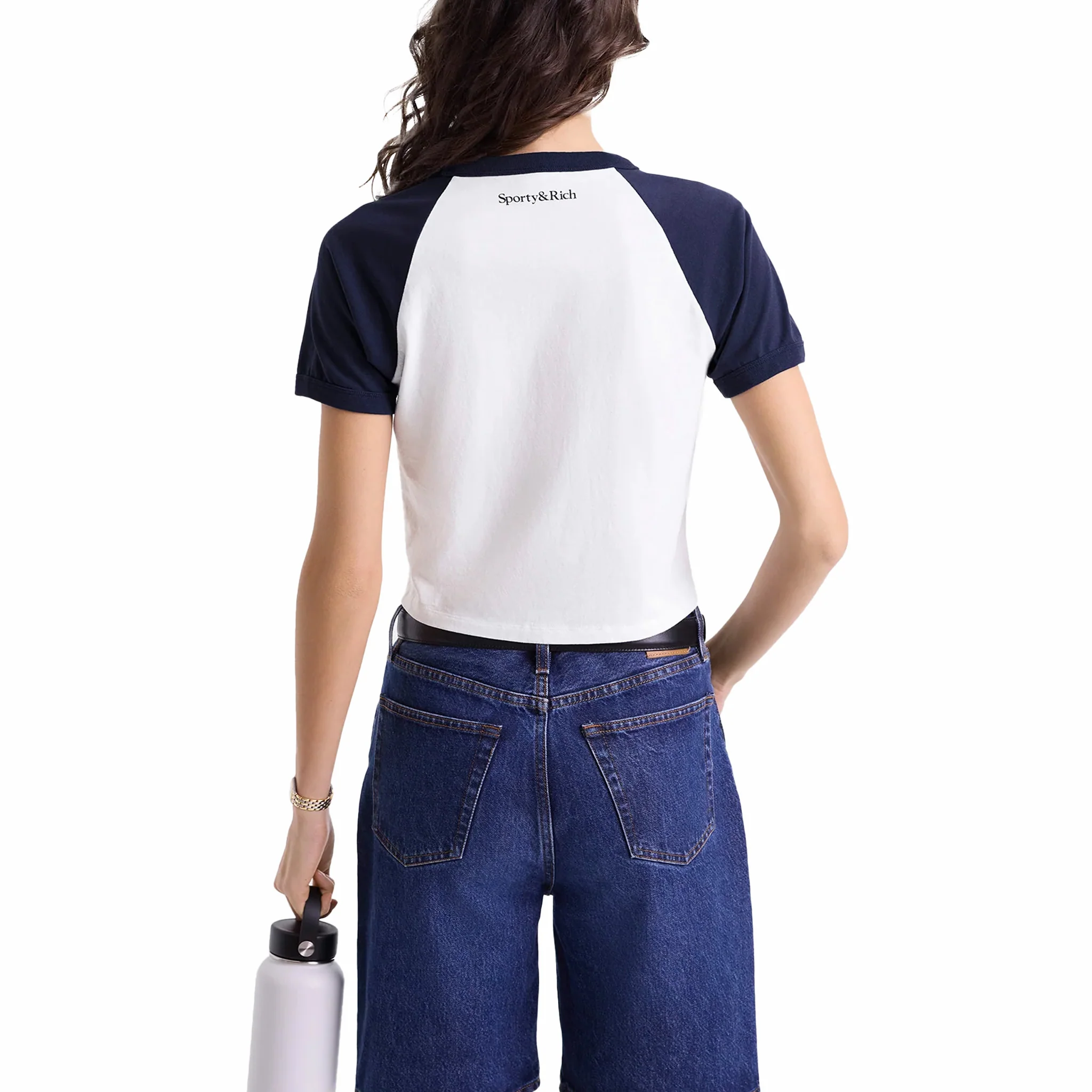 Sporty & Rich Women's Wellness Club Flocked Baby Tee (White/Navy) - Image 3