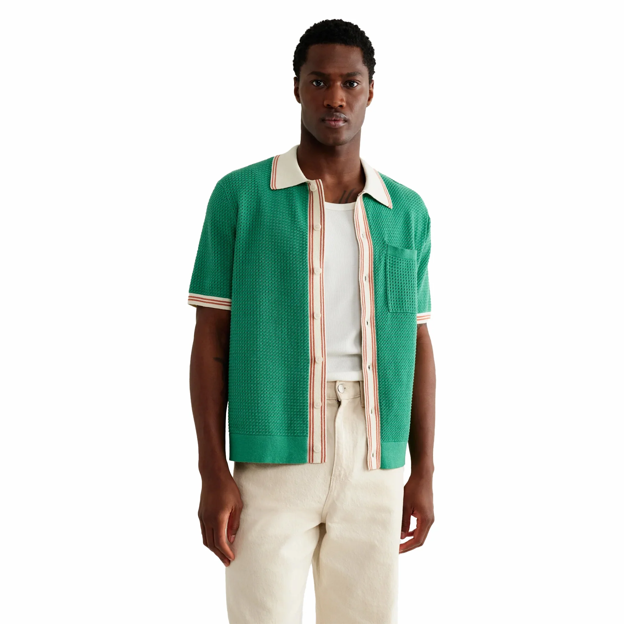 Wax London Belle SS Shirt - Tipped Pointelle (Green/Ecru) - Image 3