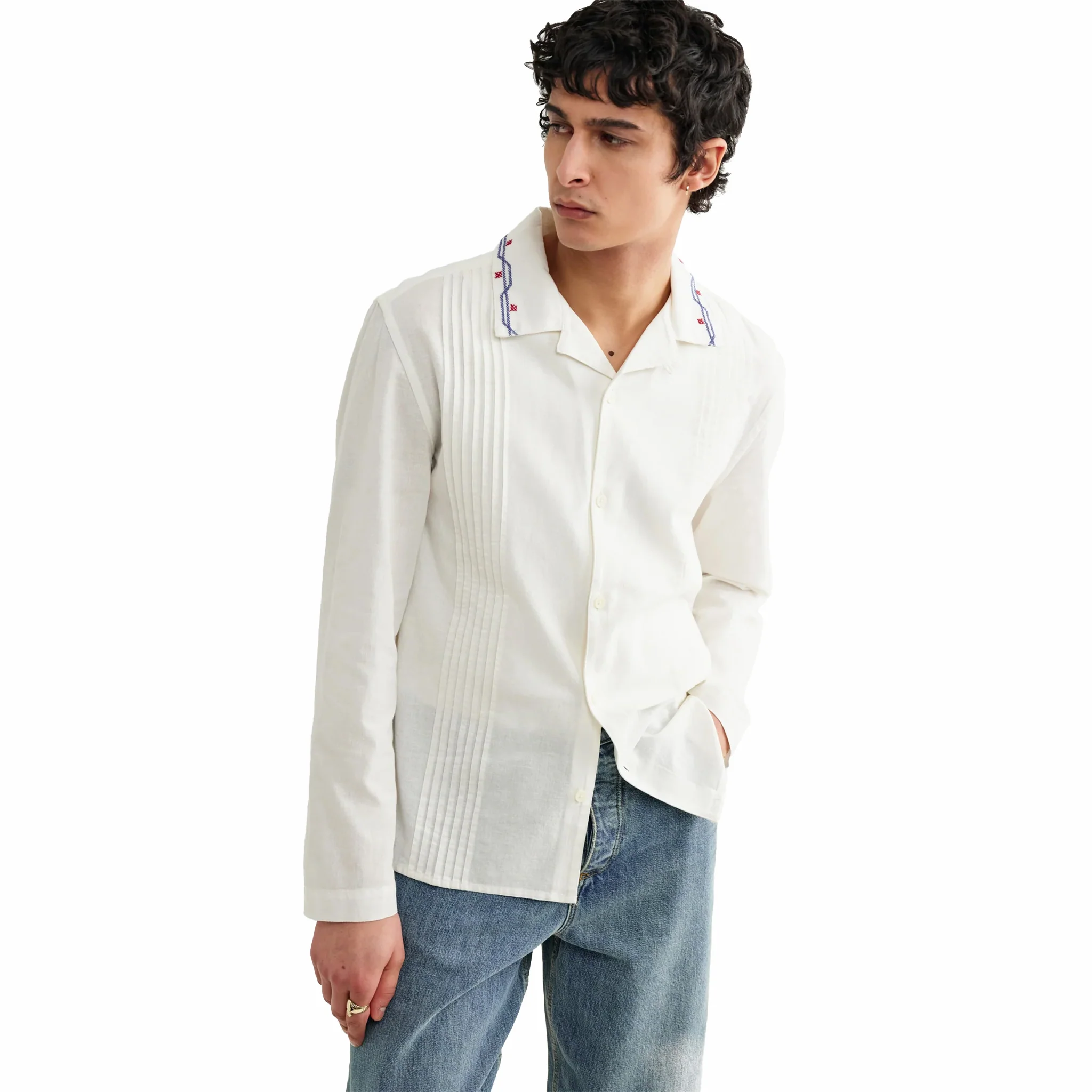 Wax London Corey LS Shirt - Pintuck Border (Ecru) - Image 2