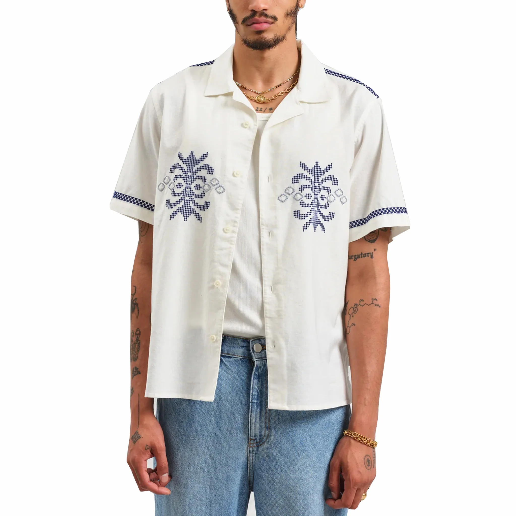 Wax London Didcot Tablecloth Motif Embroidered Short-Sleeve Shirt (Ecru/Blue) - Image 3