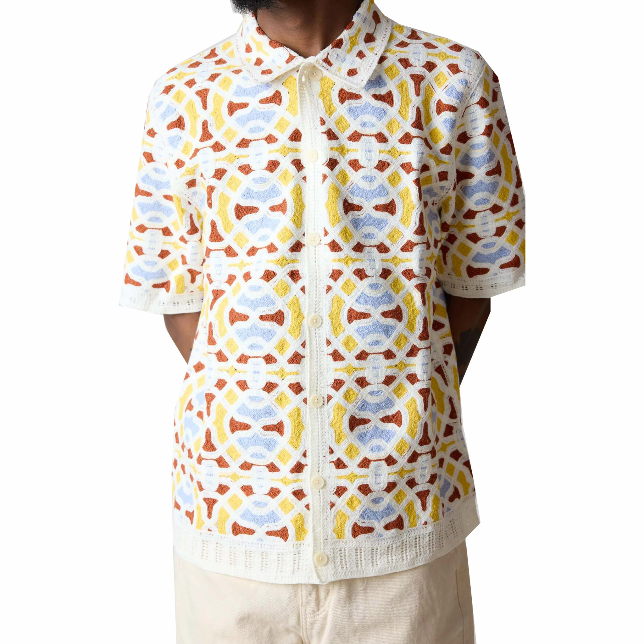 Wax London Dorset Short Sleeve Shirt - Geo Tile Crochet (Ecru/Multi) - Image 2