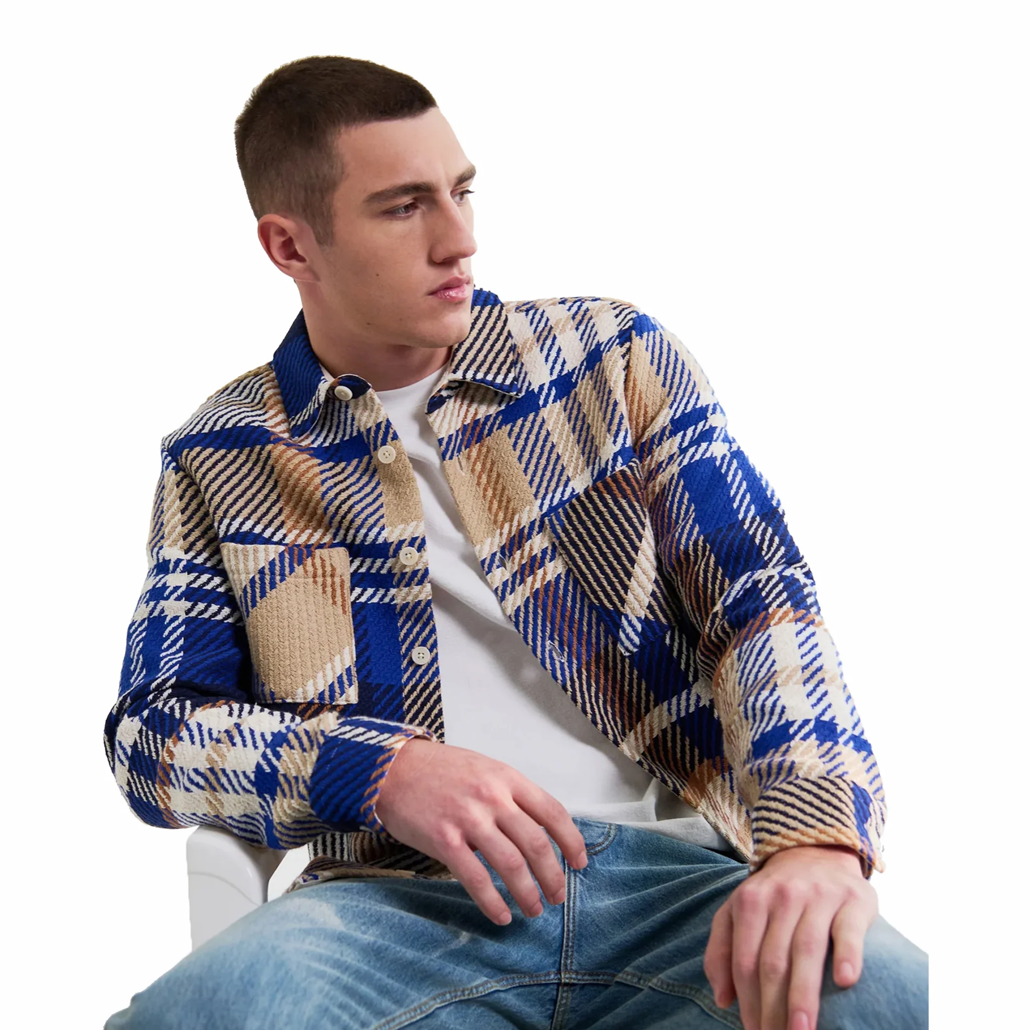 Wax London Whiting Overshirt - Bold Check (Blue/Tan) - Image 4