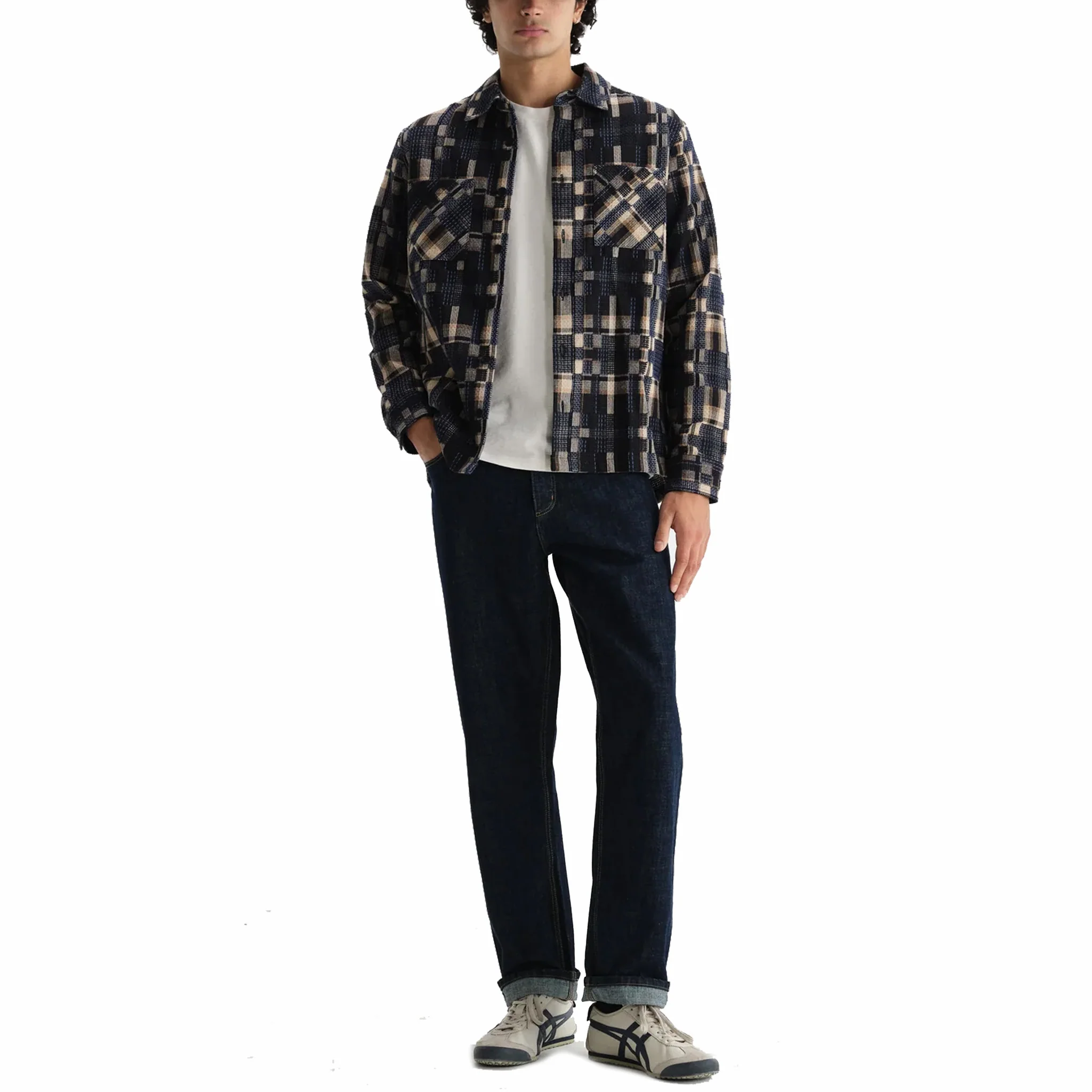 Wax London Whiting Overshirt - Glitch Check (Natural/Navy) - Image 3