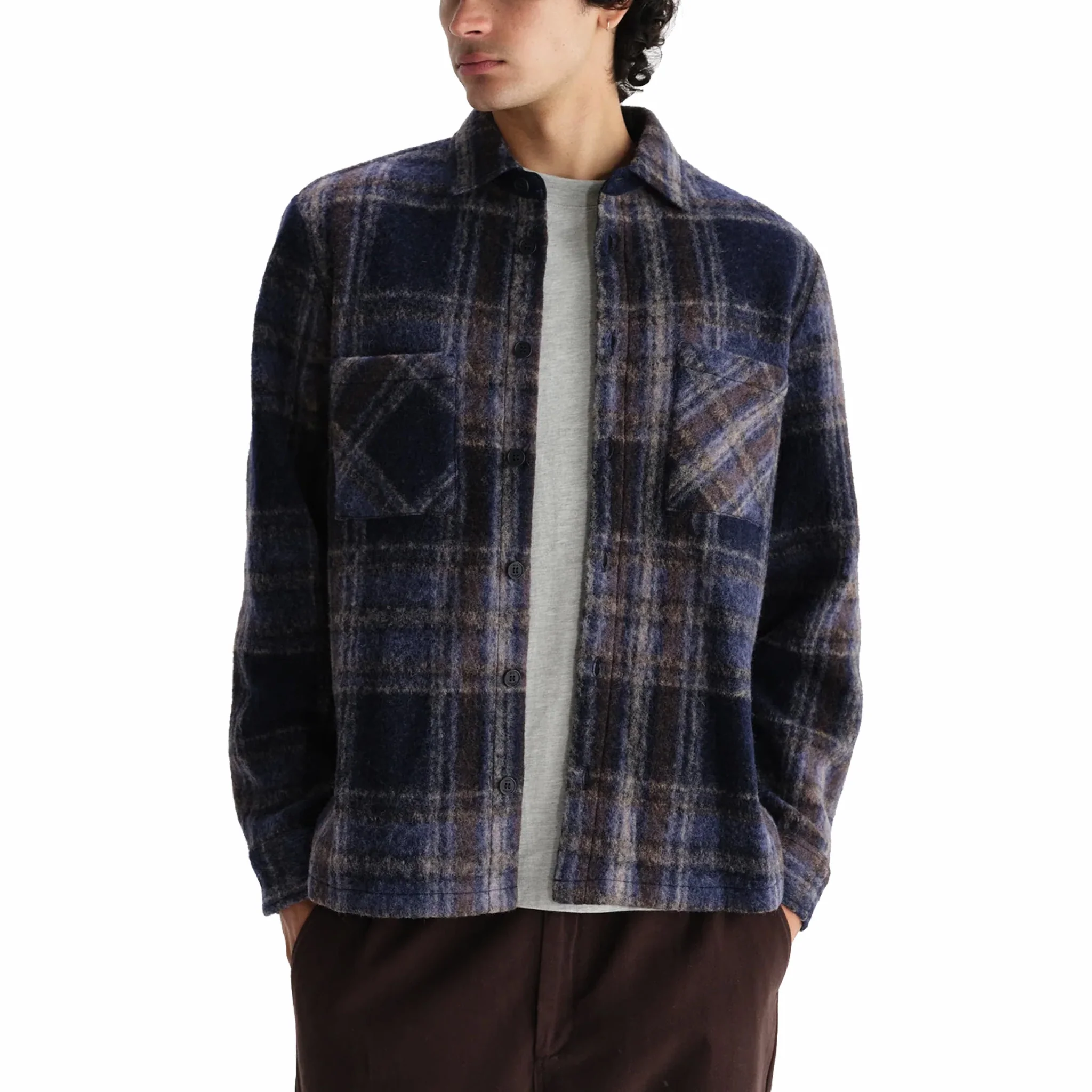 Wax London Whiting Overshirt - Wool Blend Check (Navy) - Image 3